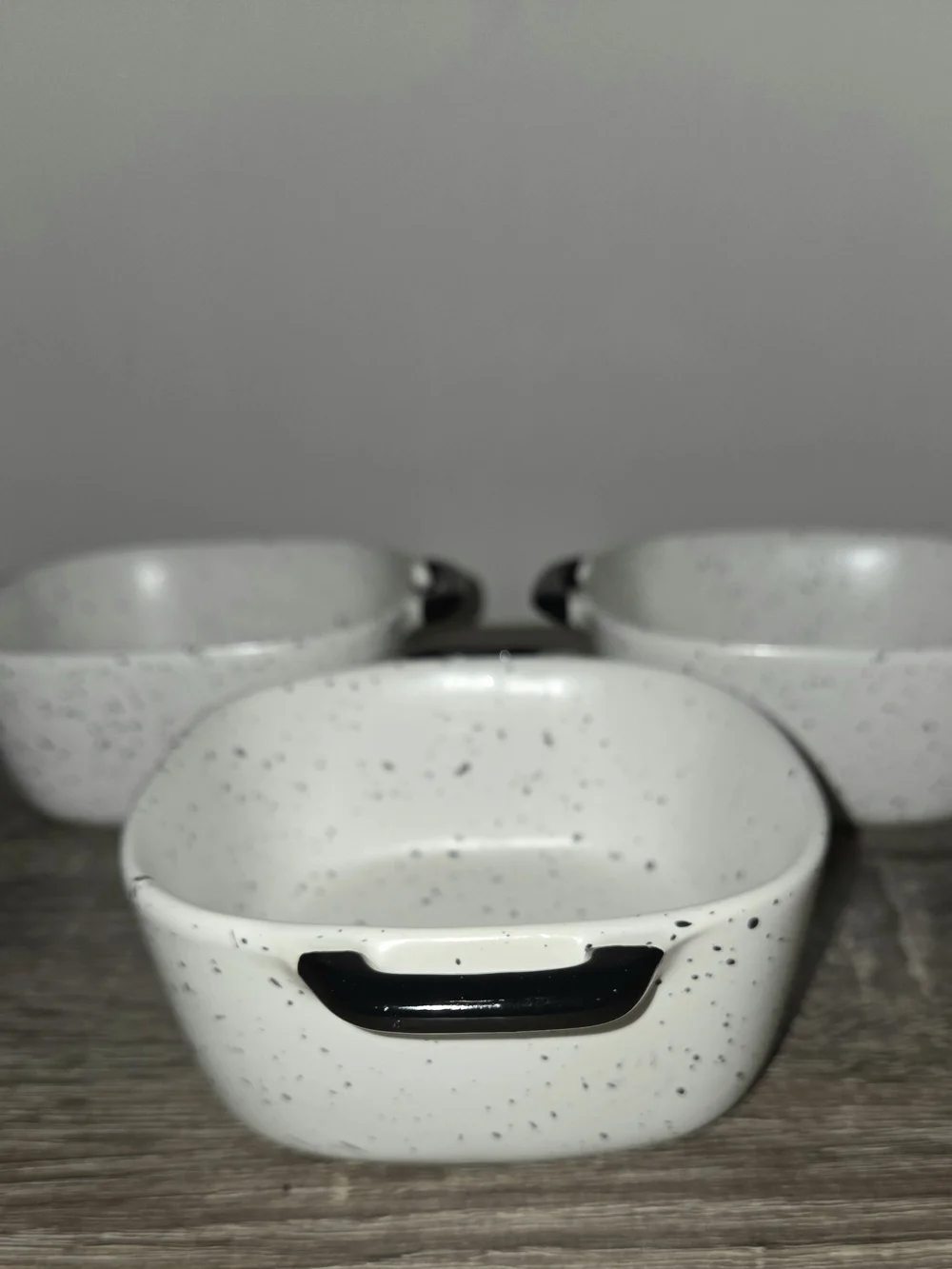 Lot of 3 Robert Stanley Oven Safe Ramekins Speckled White Black Square Dish.